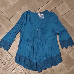 VENUS Teal Blouse with Lace Trim